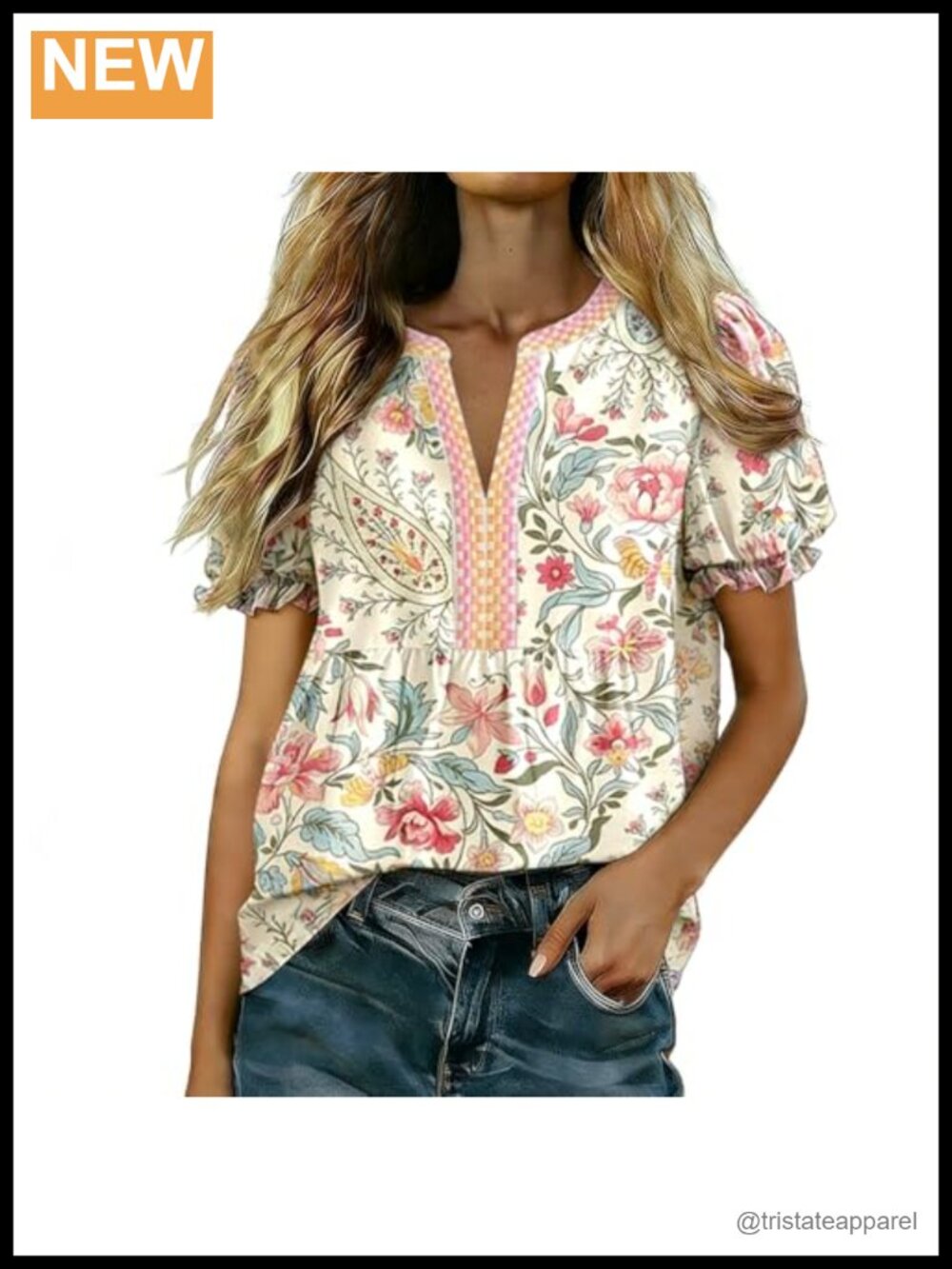 Boho Floral Paisley Puff Sleeve Blouse V-Neck